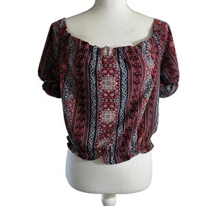 Hype Cropped Top Medium Off The Shoulder Striped Floral Boho Short Sleeve Womens